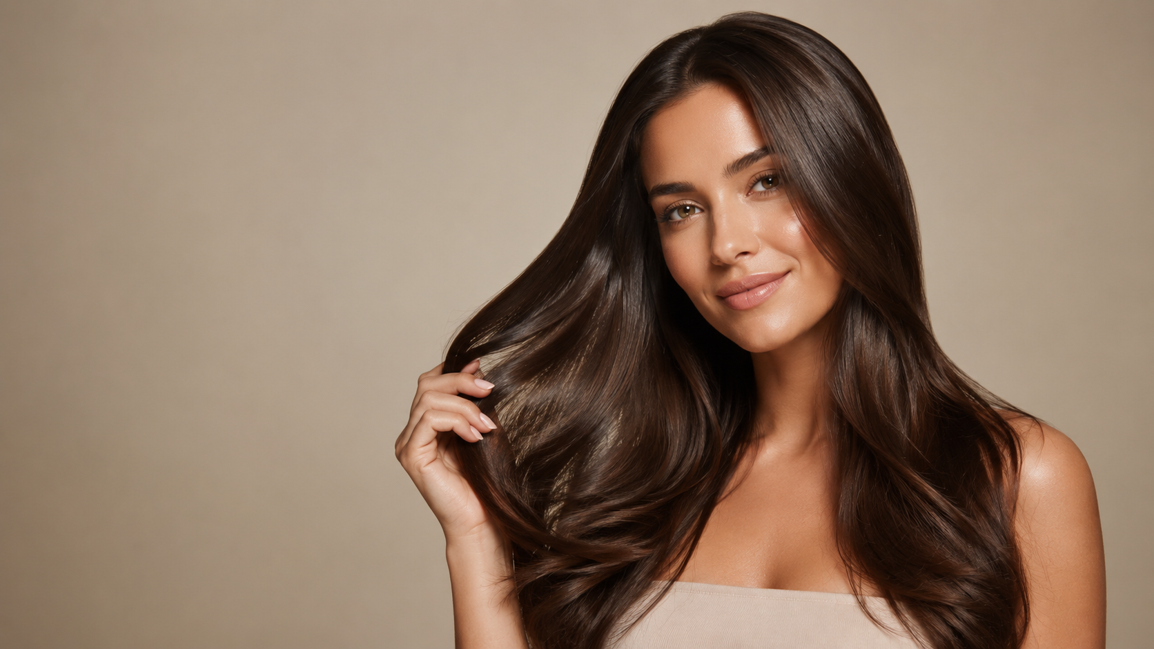 Woman with long smooth glossy brunette hair